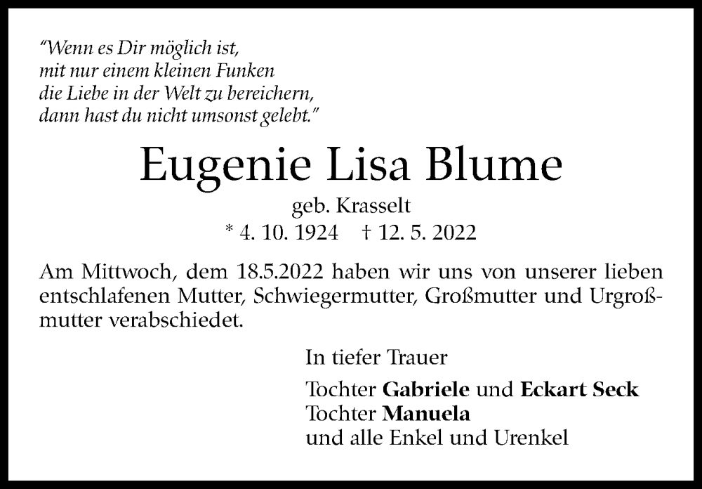  Traueranzeige für Eugenie Lisa Blume vom 27.05.2022 aus Leonberger Kreiszeitung / Strohgäu Extra