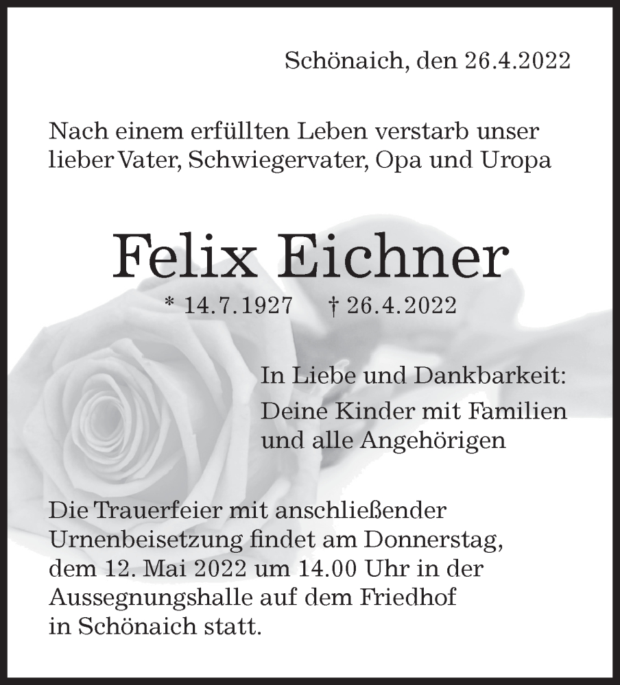  Traueranzeige für Felix Eichner vom 05.05.2022 aus Leonberger Kreiszeitung / Strohgäu Extra