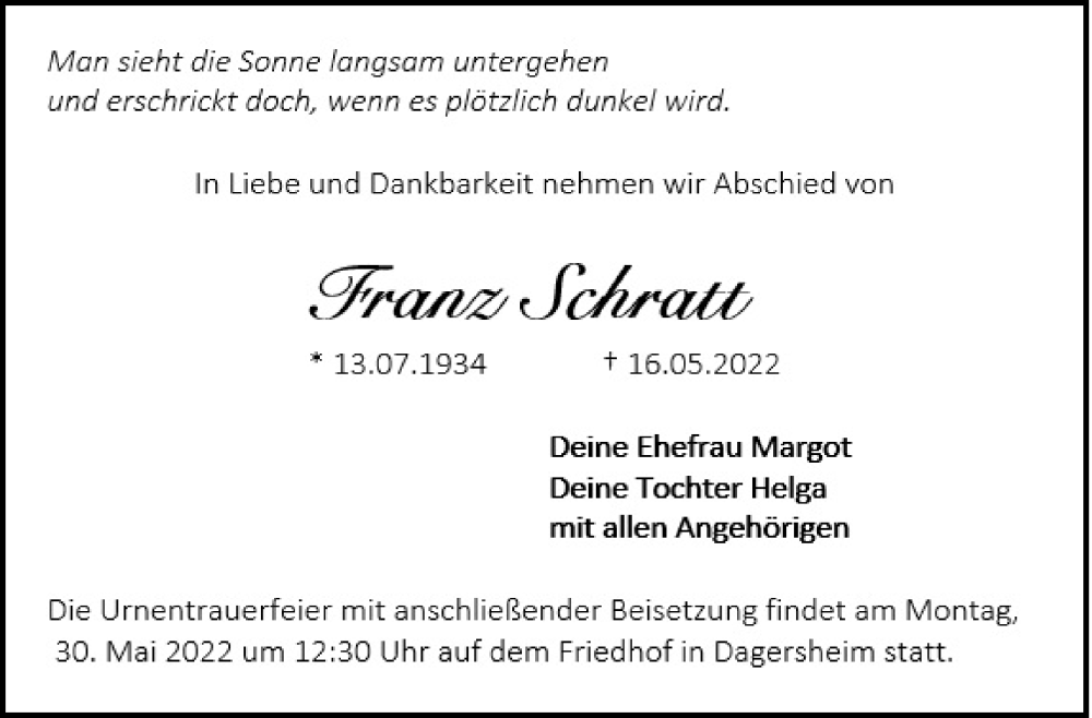  Traueranzeige für Franz Schratt vom 25.05.2022 aus Leonberger Kreiszeitung / Strohgäu Extra