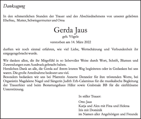 Traueranzeige von Gerda Jaus von Leonberger Kreiszeitung / Strohgäu Extra