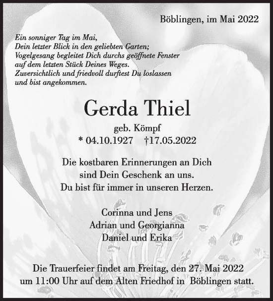 Traueranzeige von Gerda Thiel von Leonberger Kreiszeitung / Strohgäu Extra