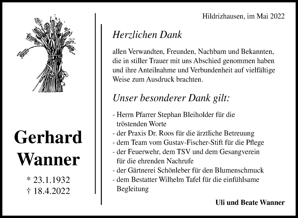  Traueranzeige für Gerhard Wanner vom 06.05.2022 aus Leonberger Kreiszeitung / Strohgäu Extra