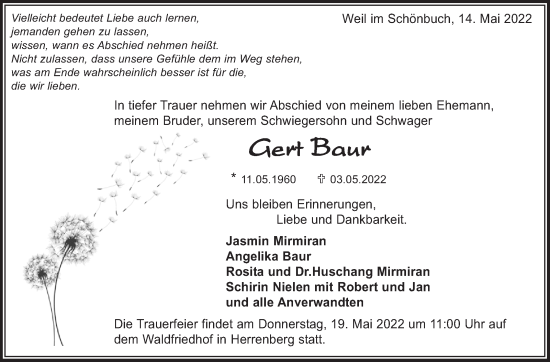 Traueranzeige von Gert Baur von Leonberger Kreiszeitung / Strohgäu Extra