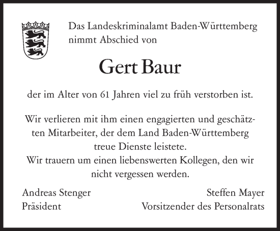 Traueranzeige von Gert Baur von Leonberger Kreiszeitung / Strohgäu Extra