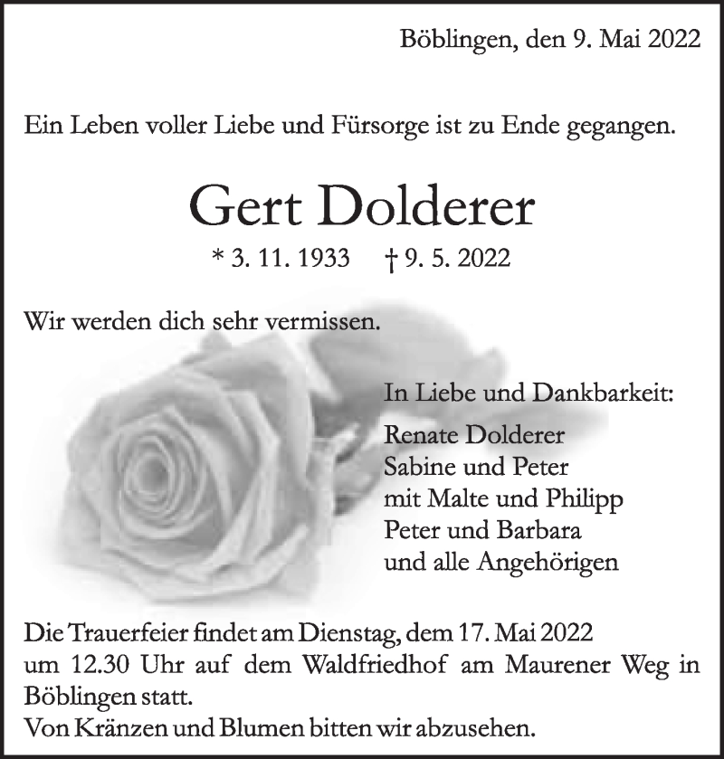  Traueranzeige für Gert Dolderer vom 11.05.2022 aus Leonberger Kreiszeitung / Strohgäu Extra