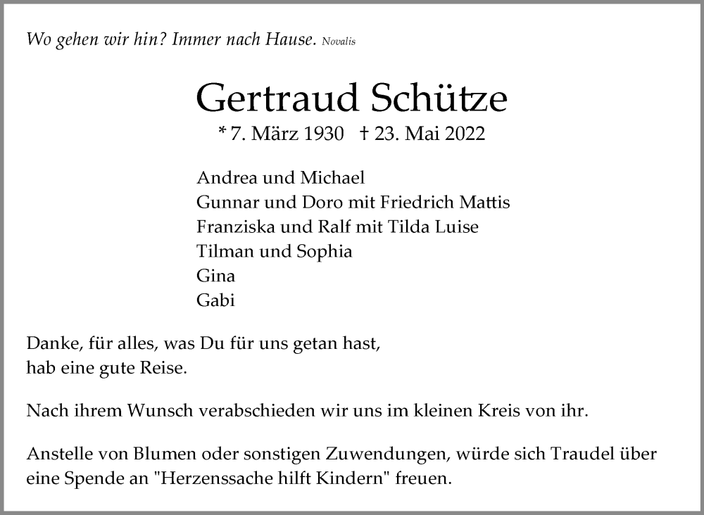  Traueranzeige für Gertraud Schütze vom 25.05.2022 aus Leonberger Kreiszeitung / Strohgäu Extra