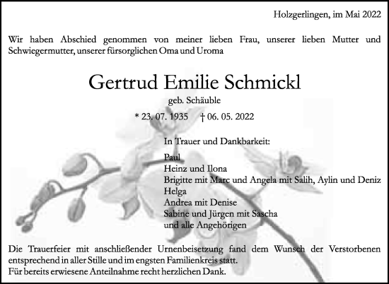 Traueranzeige von Gertrud Emilie Schmickl von Leonberger Kreiszeitung / Strohgäu Extra