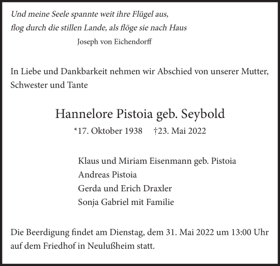 Traueranzeige von Hannelore Pistoia von Leonberger Kreiszeitung / Strohgäu Extra