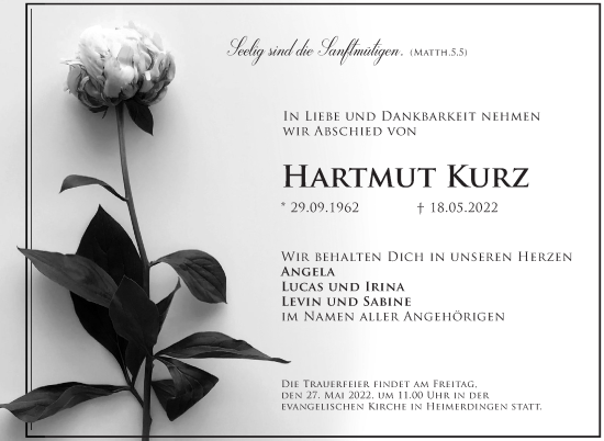 Traueranzeige von Hartmut Kurz von Leonberger Kreiszeitung / Strohgäu Extra