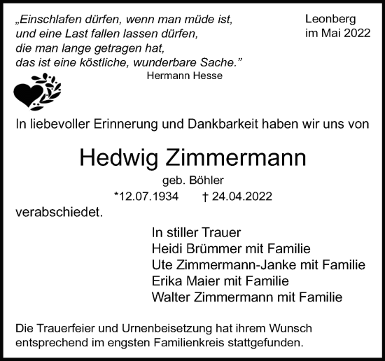 Traueranzeige von Hedwig Zimmermann von Leonberger Kreiszeitung / Strohgäu Extra