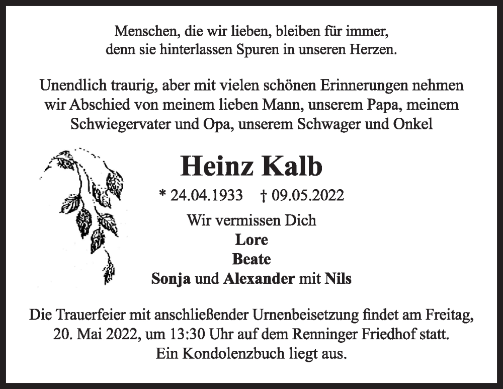  Traueranzeige für Heinz Kalb vom 16.05.2022 aus Leonberger Kreiszeitung / Strohgäu Extra