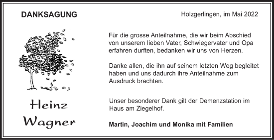 Traueranzeige von Heinz Wagner von Leonberger Kreiszeitung / Strohgäu Extra