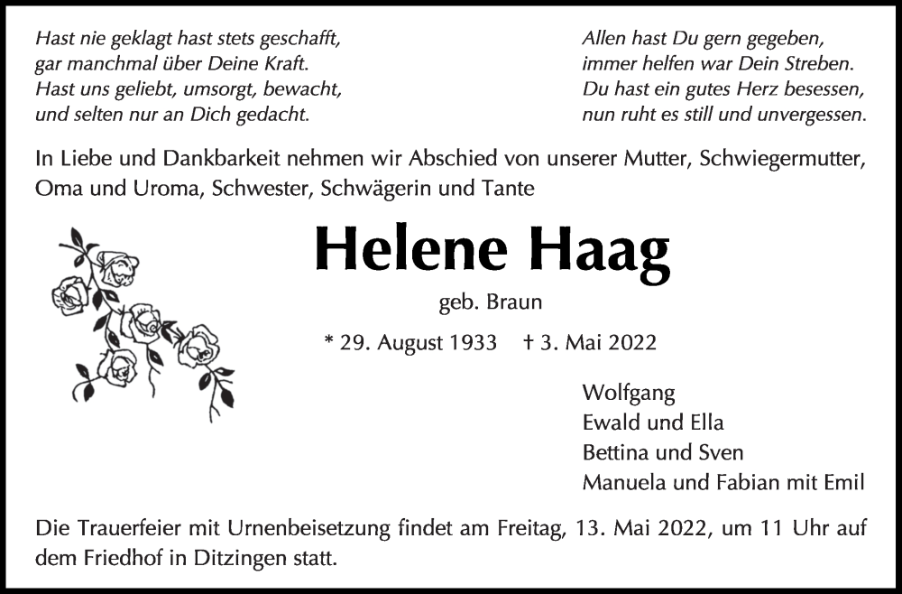 Traueranzeige für Helene Haag vom 06.05.2022 aus Leonberger Kreiszeitung / Strohgäu Extra