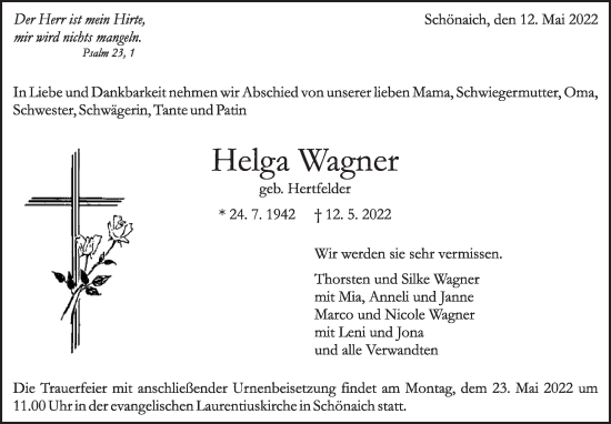 Traueranzeige von Helga Wagner von Leonberger Kreiszeitung / Strohgäu Extra