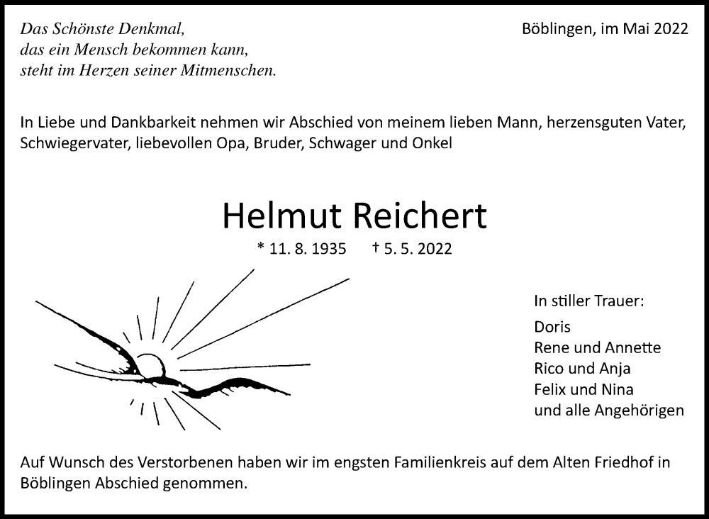  Traueranzeige für Helmut Reichert vom 21.05.2022 aus Leonberger Kreiszeitung / Strohgäu Extra