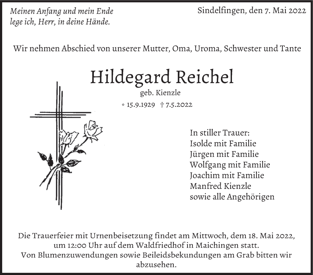  Traueranzeige für Hildegard Reichel vom 14.05.2022 aus Leonberger Kreiszeitung / Strohgäu Extra