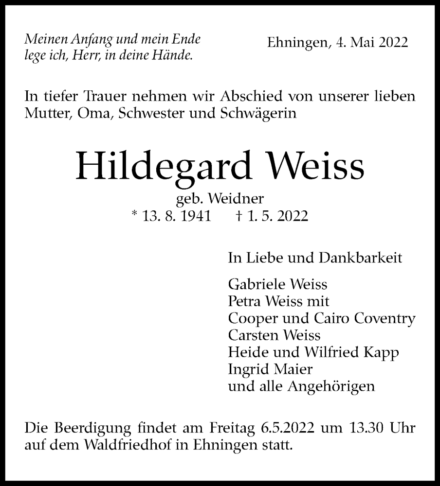  Traueranzeige für Hildegard Weiss vom 04.05.2022 aus Leonberger Kreiszeitung / Strohgäu Extra