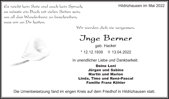 Traueranzeige von Inge Berner von Leonberger Kreiszeitung / Strohgäu Extra