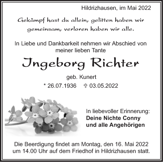 Traueranzeige von Ingeborg Richter von Leonberger Kreiszeitung / Strohgäu Extra