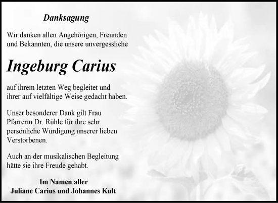 Traueranzeige von Ingeburg Carius von Leonberger Kreiszeitung / Strohgäu Extra