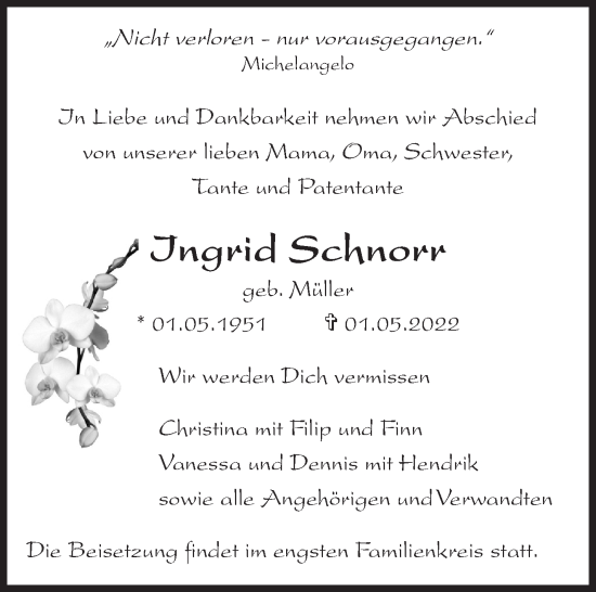 Traueranzeige von Ingrid Schnorr von Leonberger Kreiszeitung / Strohgäu Extra