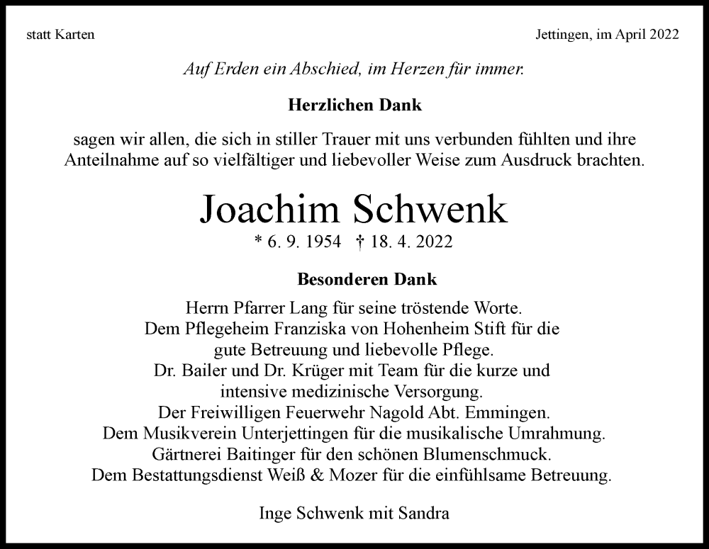  Traueranzeige für Joachim Schwenk vom 05.05.2022 aus Leonberger Kreiszeitung / Strohgäu Extra