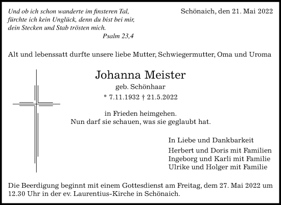 Traueranzeige von Johanna Meister von Leonberger Kreiszeitung / Strohgäu Extra