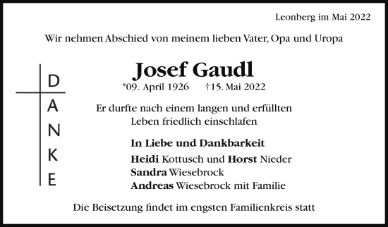 Traueranzeige von Josef Gaudl von Leonberger Kreiszeitung / Strohgäu Extra