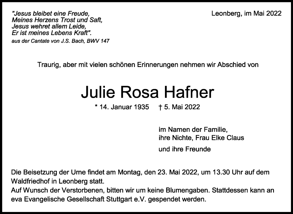  Traueranzeige für Julie Rosa Hafner vom 13.05.2022 aus Leonberger Kreiszeitung / Strohgäu Extra