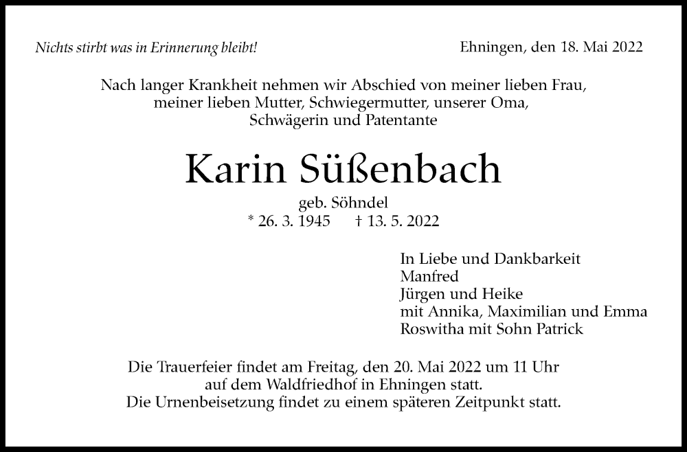  Traueranzeige für Karin Süßenbach vom 19.05.2022 aus Leonberger Kreiszeitung / Strohgäu Extra