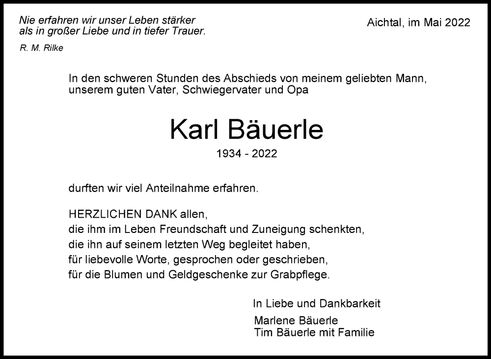  Traueranzeige für Karl Bäuerle vom 14.05.2022 aus Leonberger Kreiszeitung / Strohgäu Extra