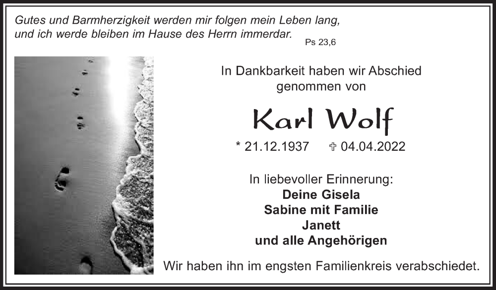  Traueranzeige für Karl Wolf vom 05.05.2022 aus Leonberger Kreiszeitung / Strohgäu Extra