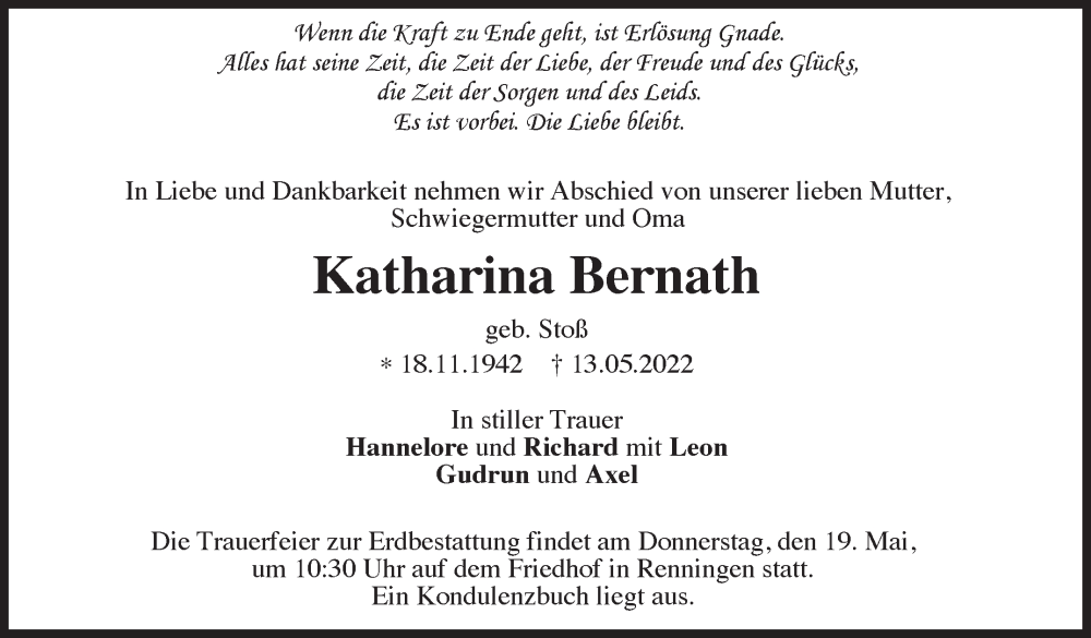  Traueranzeige für Katharina Bernath vom 18.05.2022 aus Leonberger Kreiszeitung / Strohgäu Extra