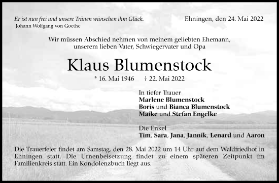 Traueranzeige von Klaus Blumenstock von Leonberger Kreiszeitung / Strohgäu Extra