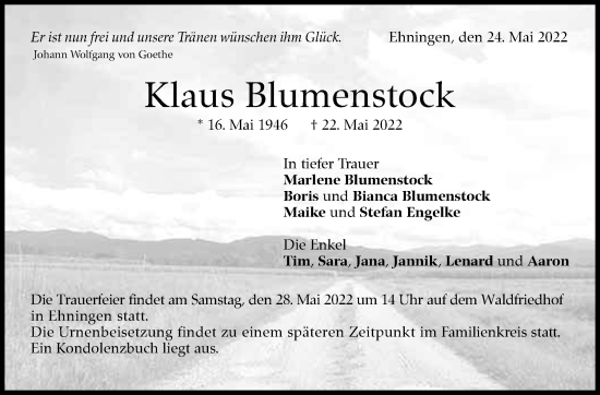 Traueranzeige von Klaus Blumenstock von Leonberger Kreiszeitung / Strohgäu Extra
