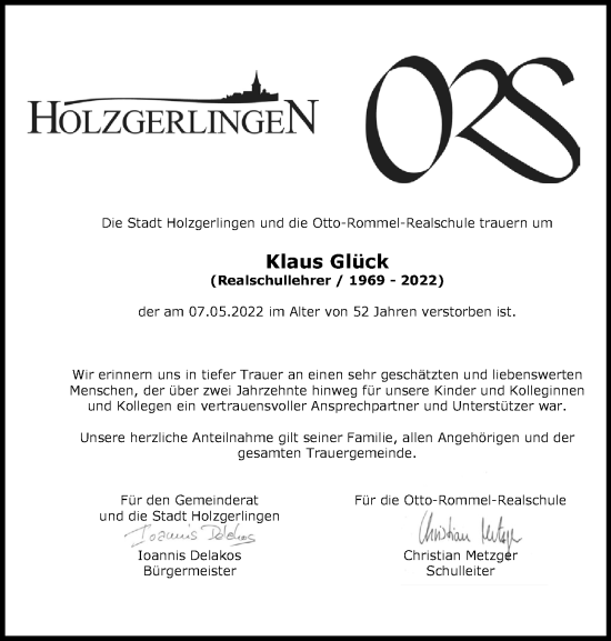 Traueranzeige von Klaus Glück von Leonberger Kreiszeitung / Strohgäu Extra