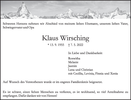 Traueranzeige von Klaus Wirsching von Leonberger Kreiszeitung / Strohgäu Extra