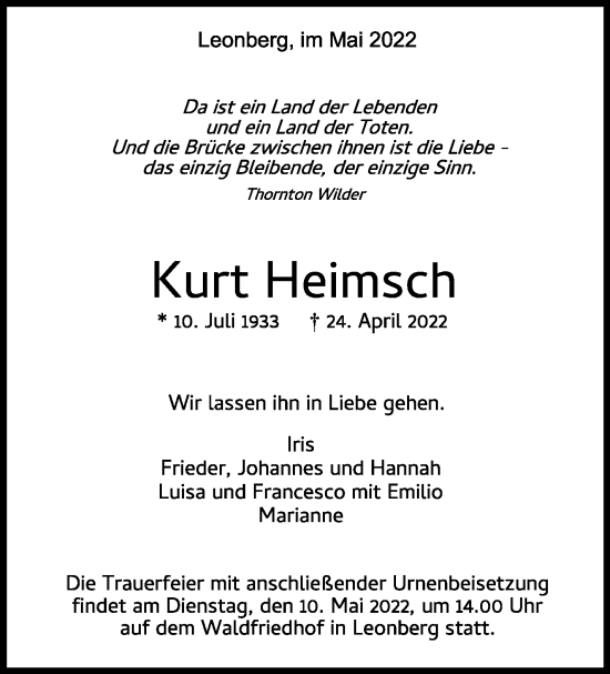 Traueranzeige von Kurt Heimsch von Leonberger Kreiszeitung / Strohgäu Extra