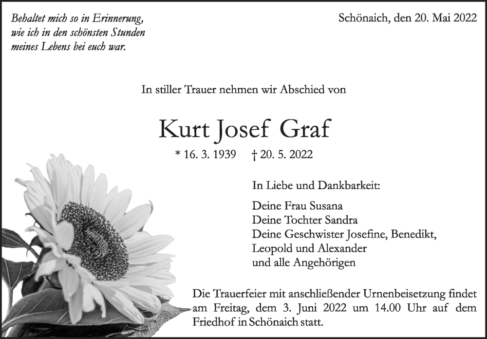  Traueranzeige für Kurt Josef Graf vom 25.05.2022 aus Leonberger Kreiszeitung / Strohgäu Extra