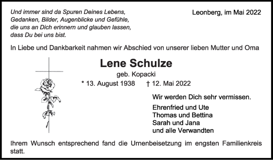 Traueranzeige von Lene Schulze von Leonberger Kreiszeitung / Strohgäu Extra