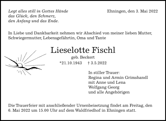 Traueranzeige von Lieselotte Fischl von Leonberger Kreiszeitung / Strohgäu Extra