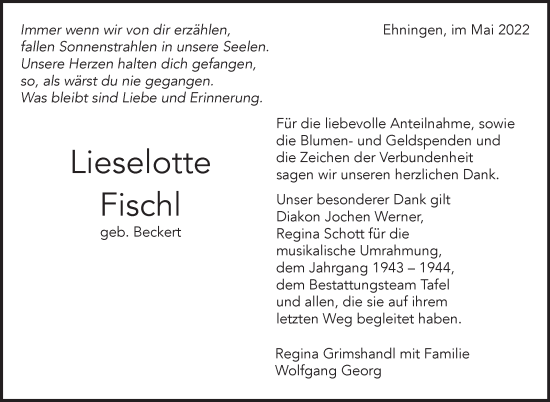 Traueranzeige von Lieselotte Fischl von Leonberger Kreiszeitung / Strohgäu Extra