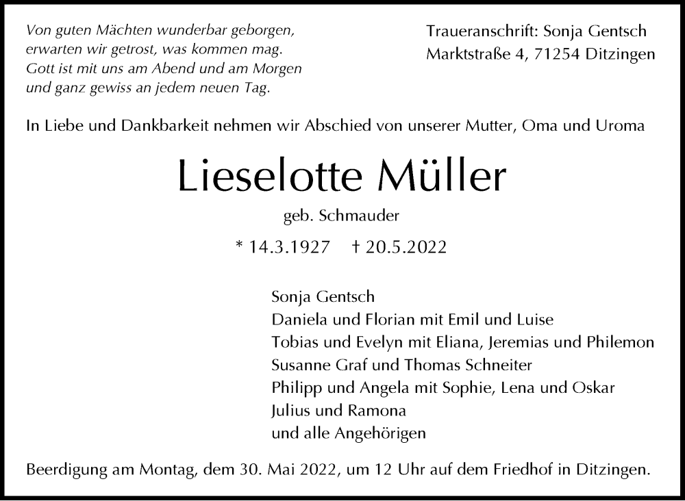  Traueranzeige für Lieselotte Müller vom 25.05.2022 aus Leonberger Kreiszeitung / Strohgäu Extra
