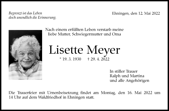 Traueranzeige von Lisette Meyer von Leonberger Kreiszeitung / Strohgäu Extra