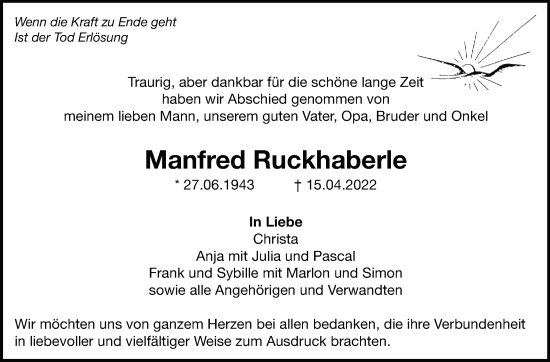 Traueranzeige von Manfred Ruckhaberle von Leonberger Kreiszeitung / Strohgäu Extra