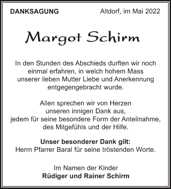Traueranzeige von Margot Schirm von Leonberger Kreiszeitung / Strohgäu Extra