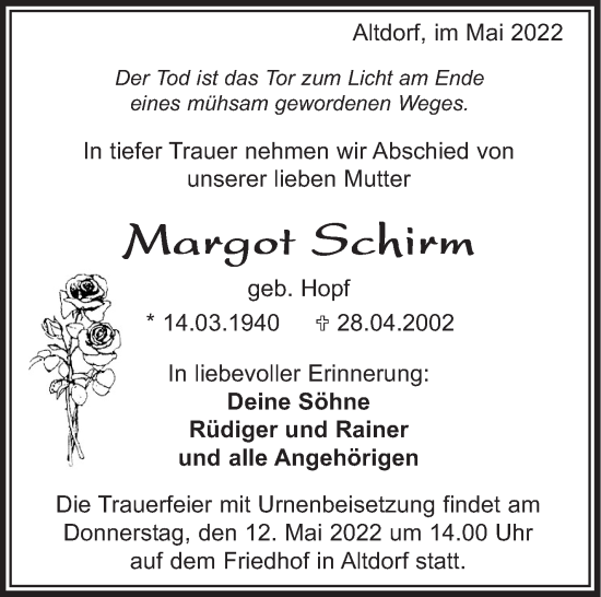Traueranzeige von Margot Schirm von Leonberger Kreiszeitung / Strohgäu Extra