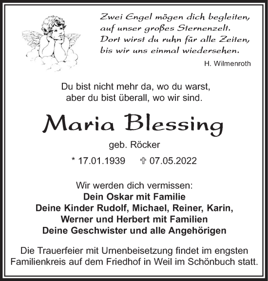 Traueranzeige von Maria Blessing von Leonberger Kreiszeitung / Strohgäu Extra