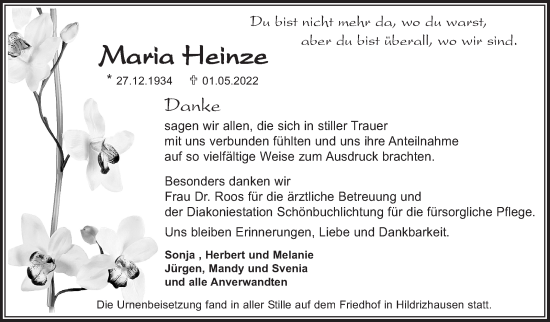 Traueranzeige von Maria Heinze von Leonberger Kreiszeitung / Strohgäu Extra