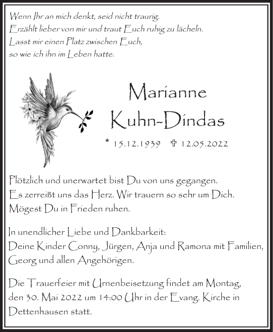 Traueranzeige von Marianne Kuhn-Dindas von Leonberger Kreiszeitung / Strohgäu Extra
